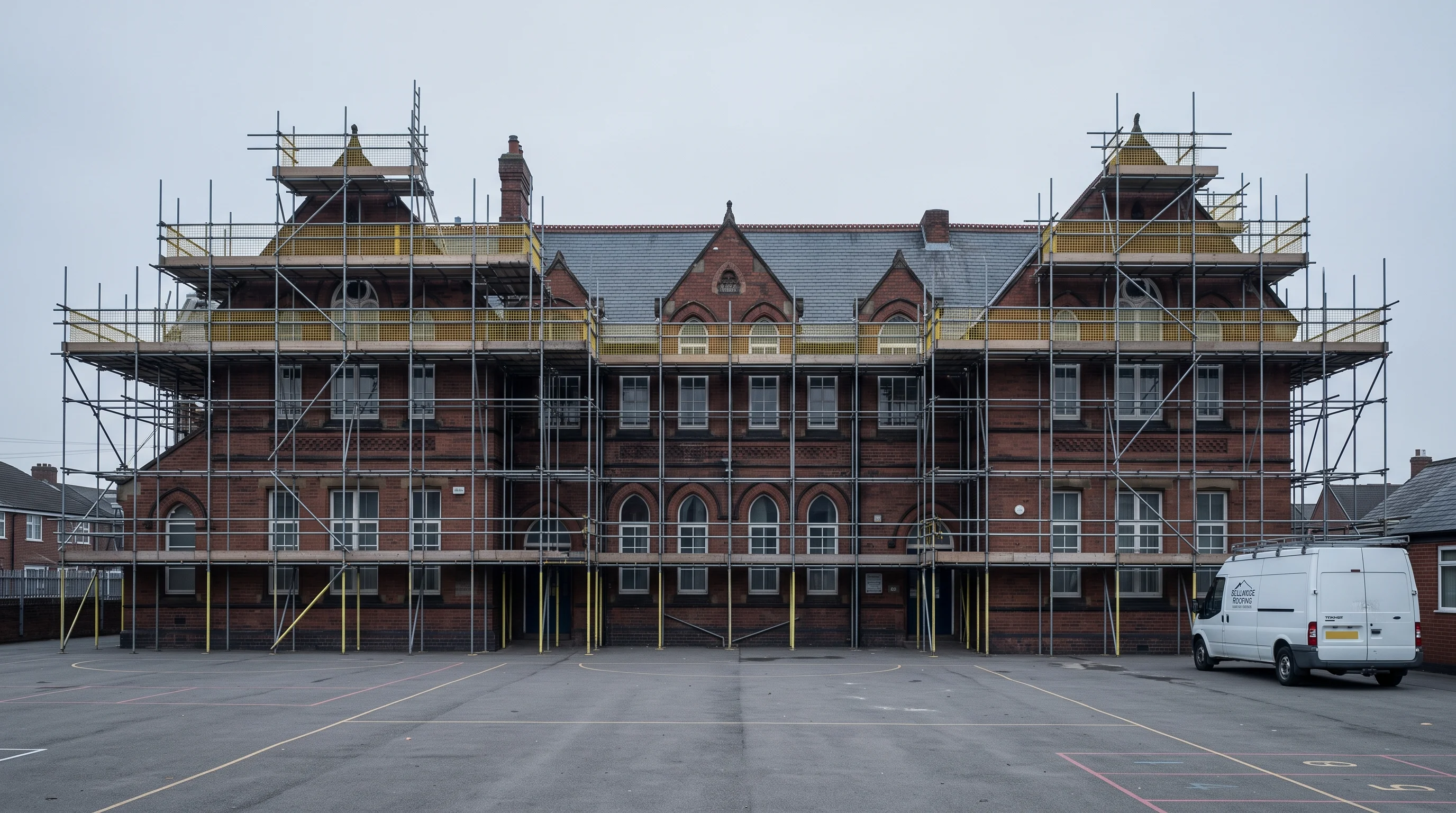 Scaffolding erected squarely around a Victorian red-brick school under an overcast sky, with an empty playground and a works van parked at the gates