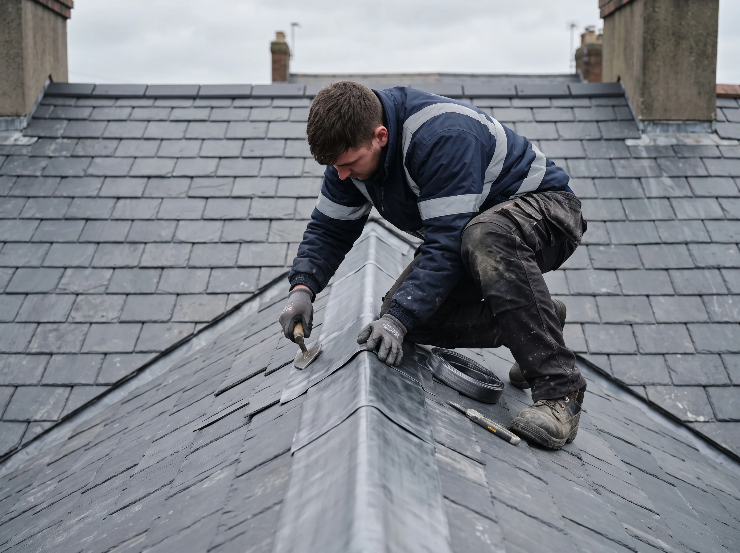 A present-day roofer in modern safety equipment dressing lead at a slate ridge