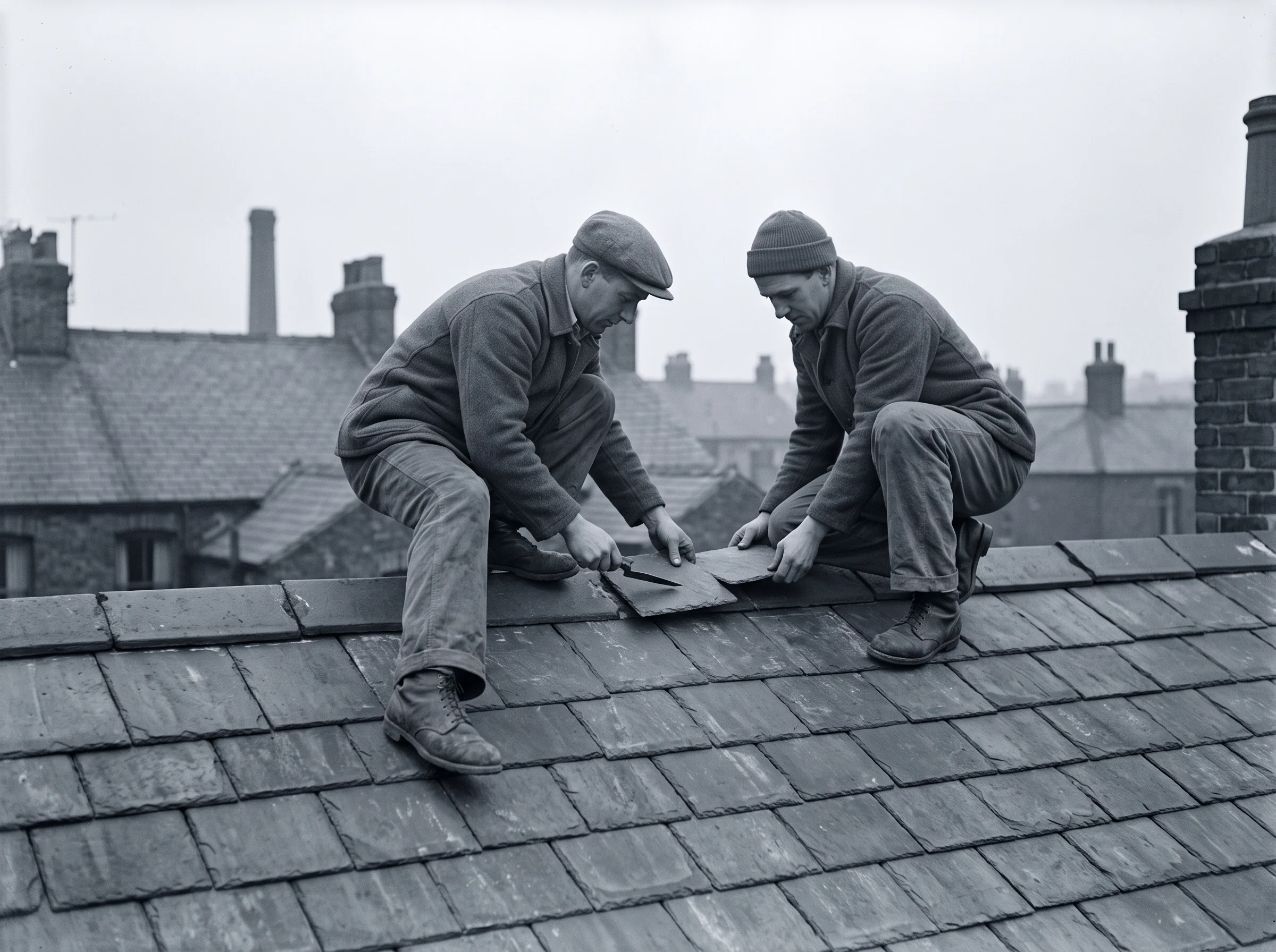 A black-and-white photograph of two roofers working at a slate ridge with hand tools