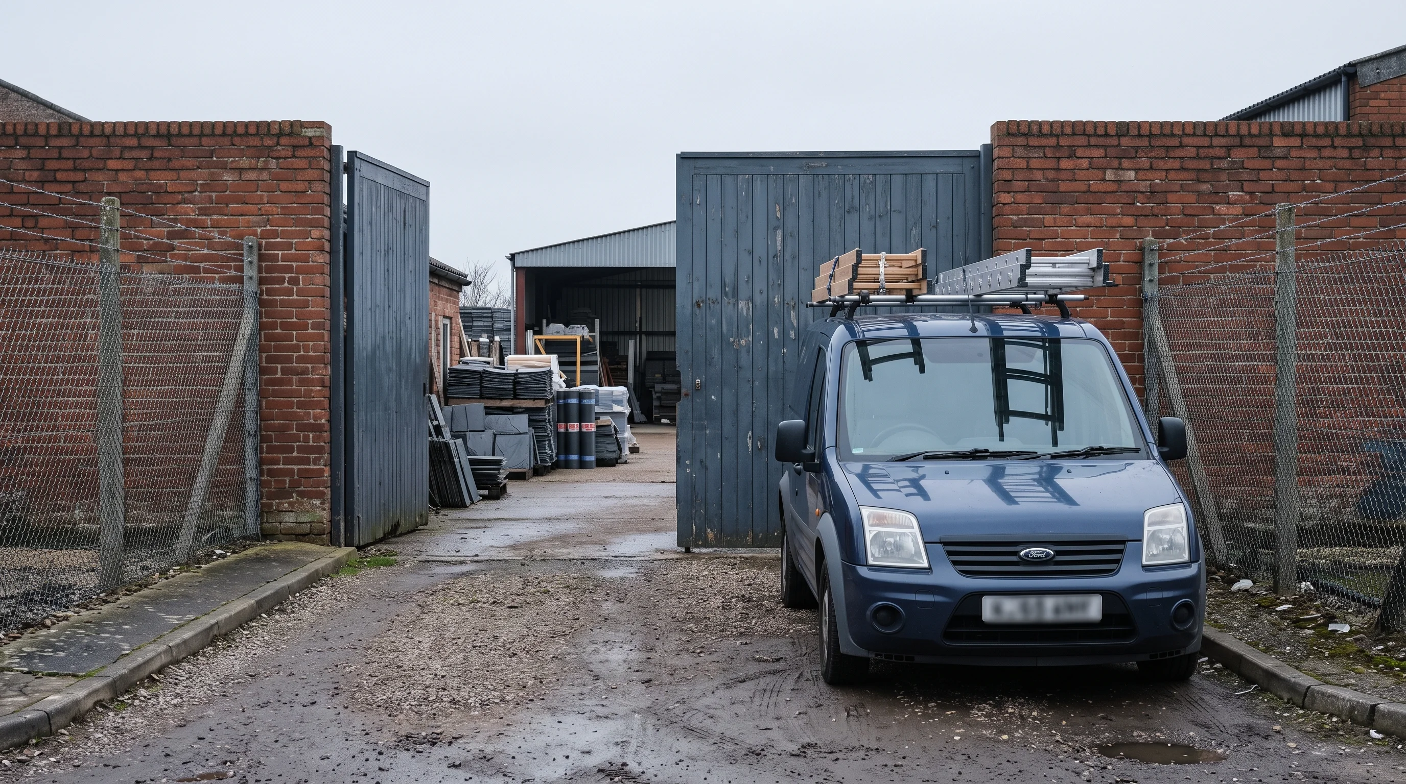 A works van with ladders racked true on top, parked squarely outside a yard under an overcast sky