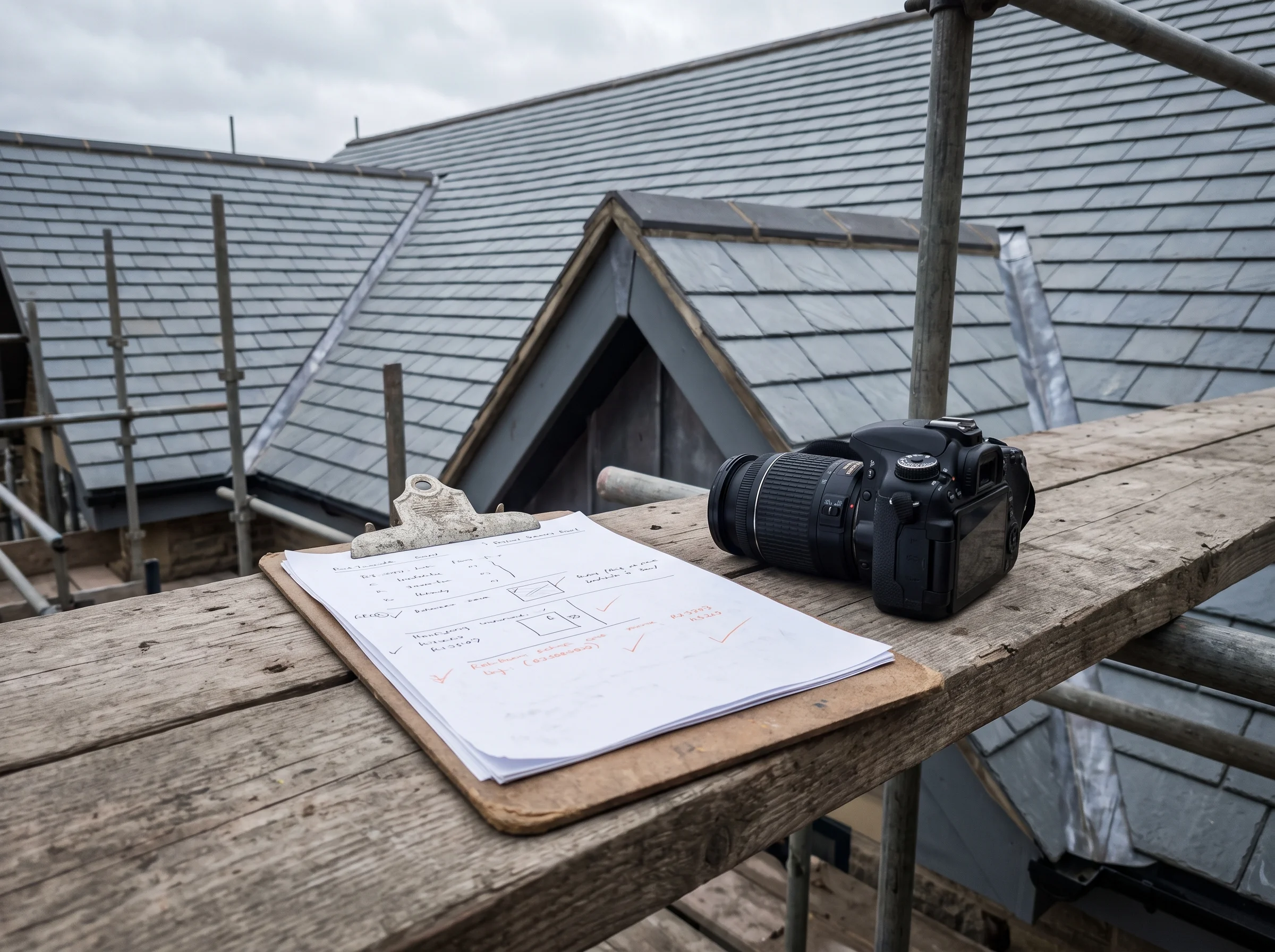 A survey clipboard and camera resting on a scaffold board beside slate roof courses