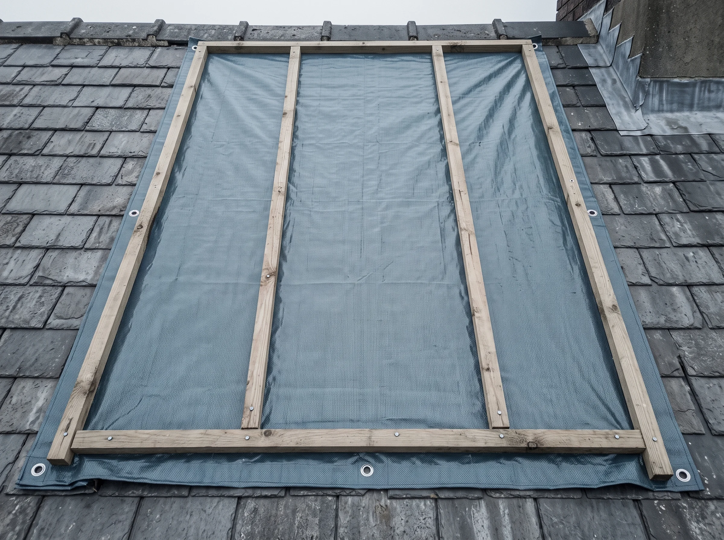 A tarpaulin battened neatly over a storm-damaged section of roof