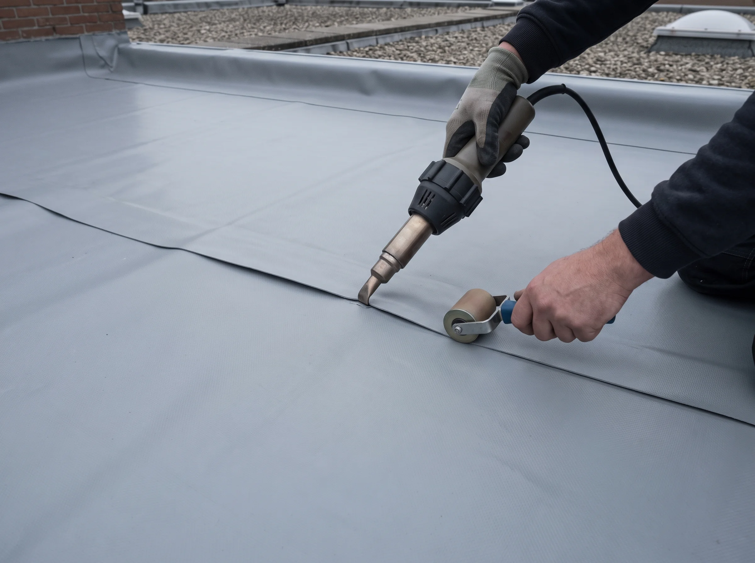 A single-ply membrane seam being heat-welded and rolled on a flat roof