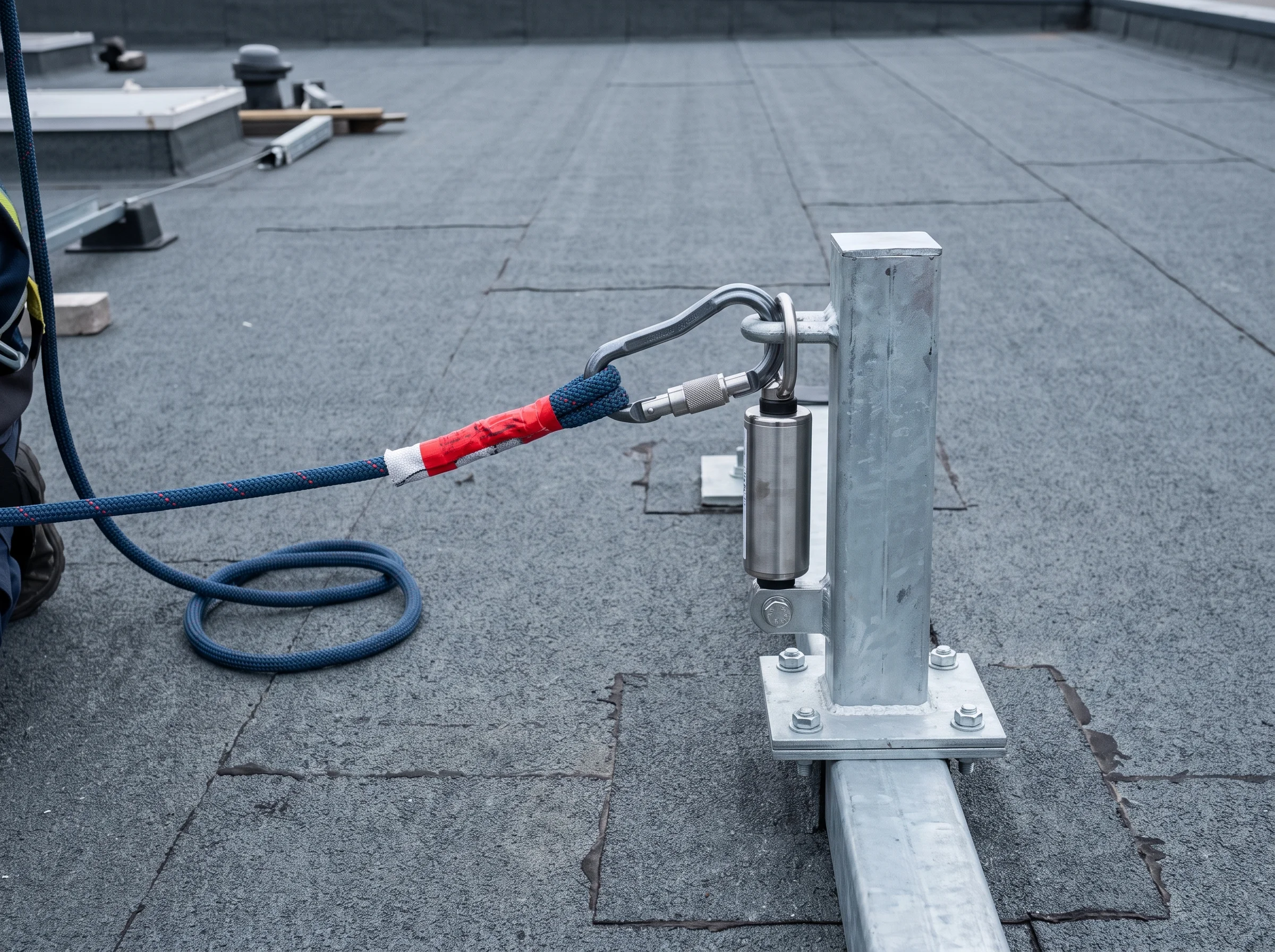 A stainless-steel safety anchor point on a flat roof with a lanyard clipped to it