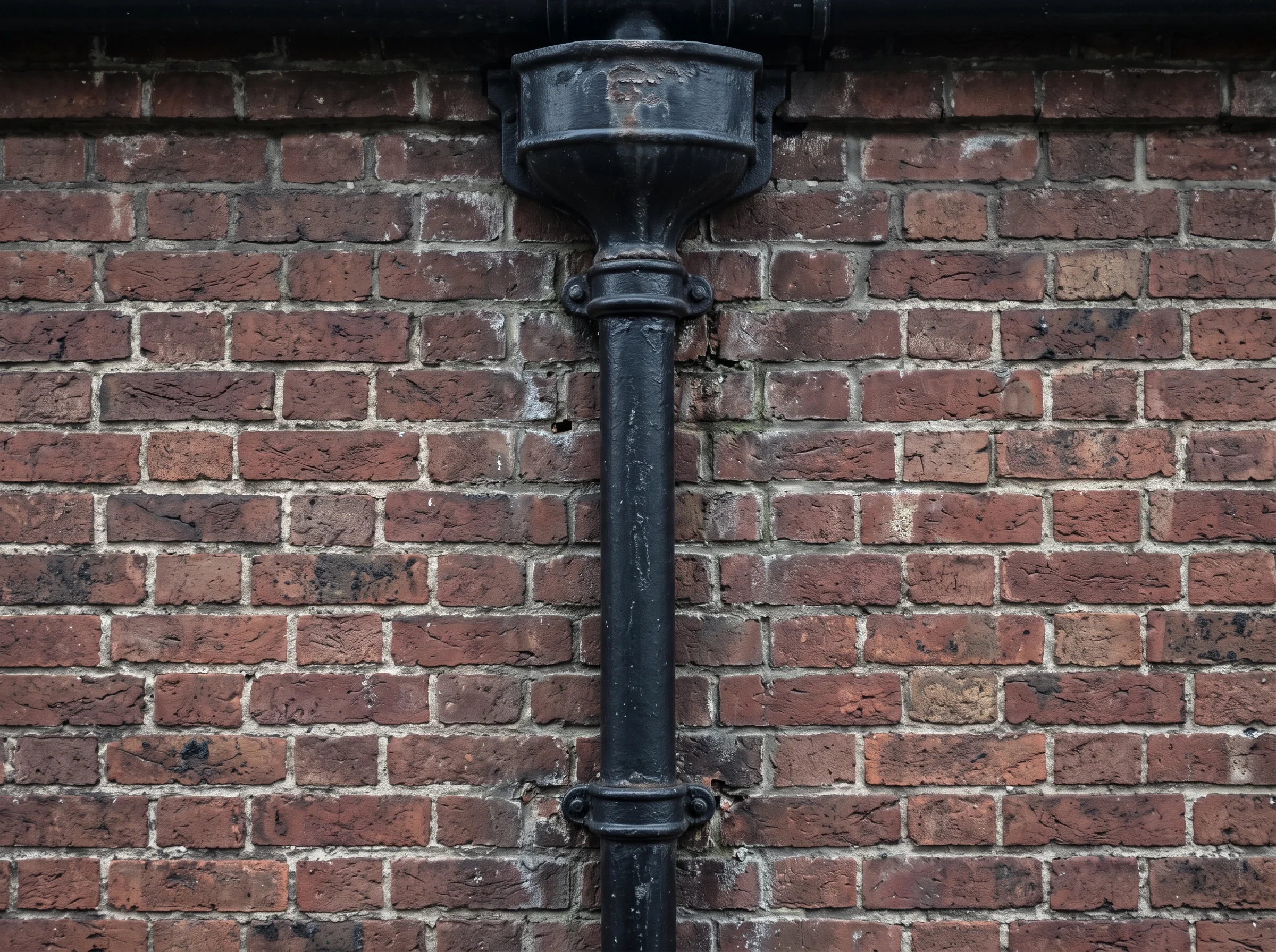 A freshly jointed cast-iron downpipe fixed squarely against Victorian brickwork