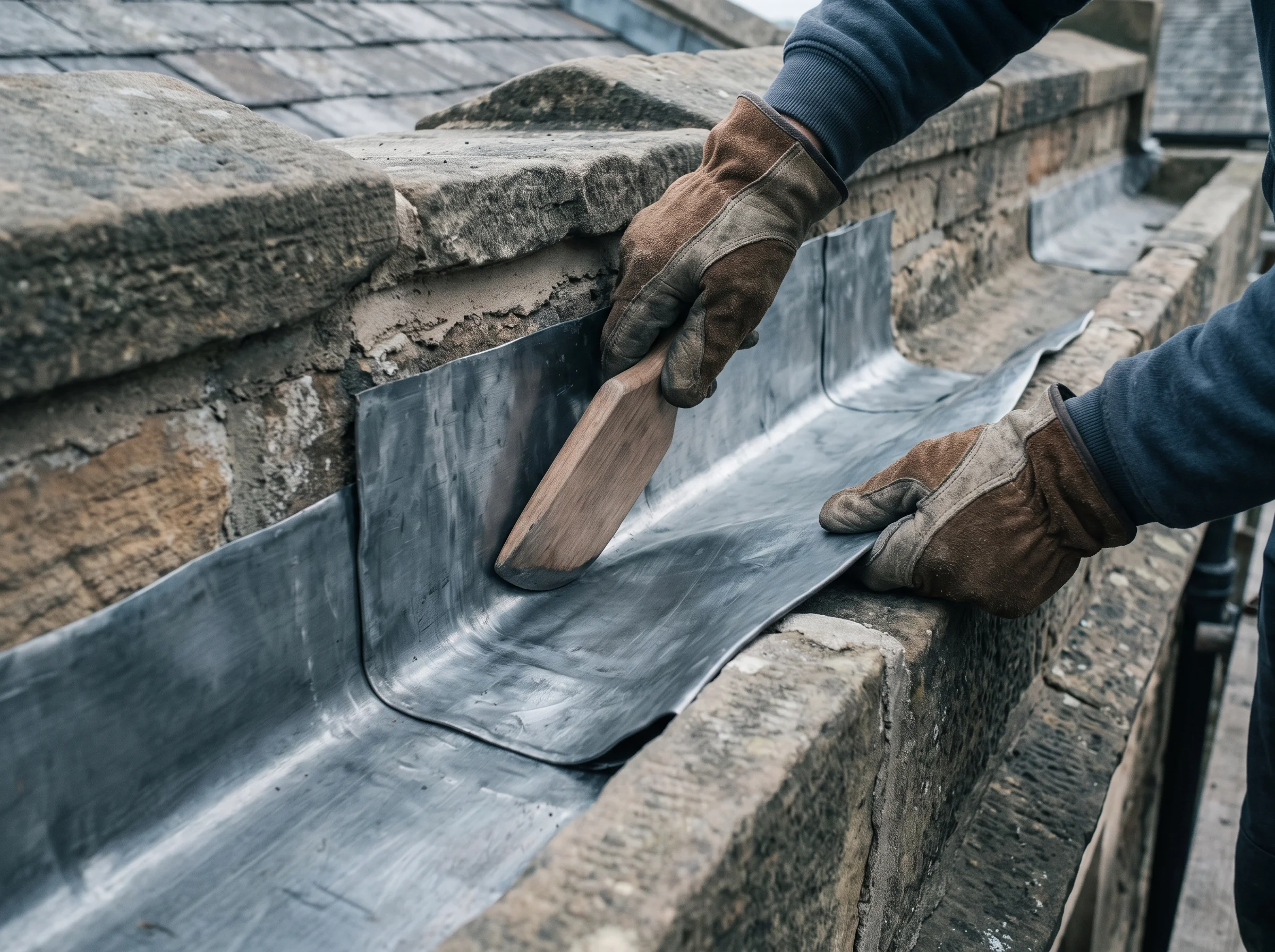 Gloved hands dressing Code 5 lead into a parapet gutter with a hardwood tool
