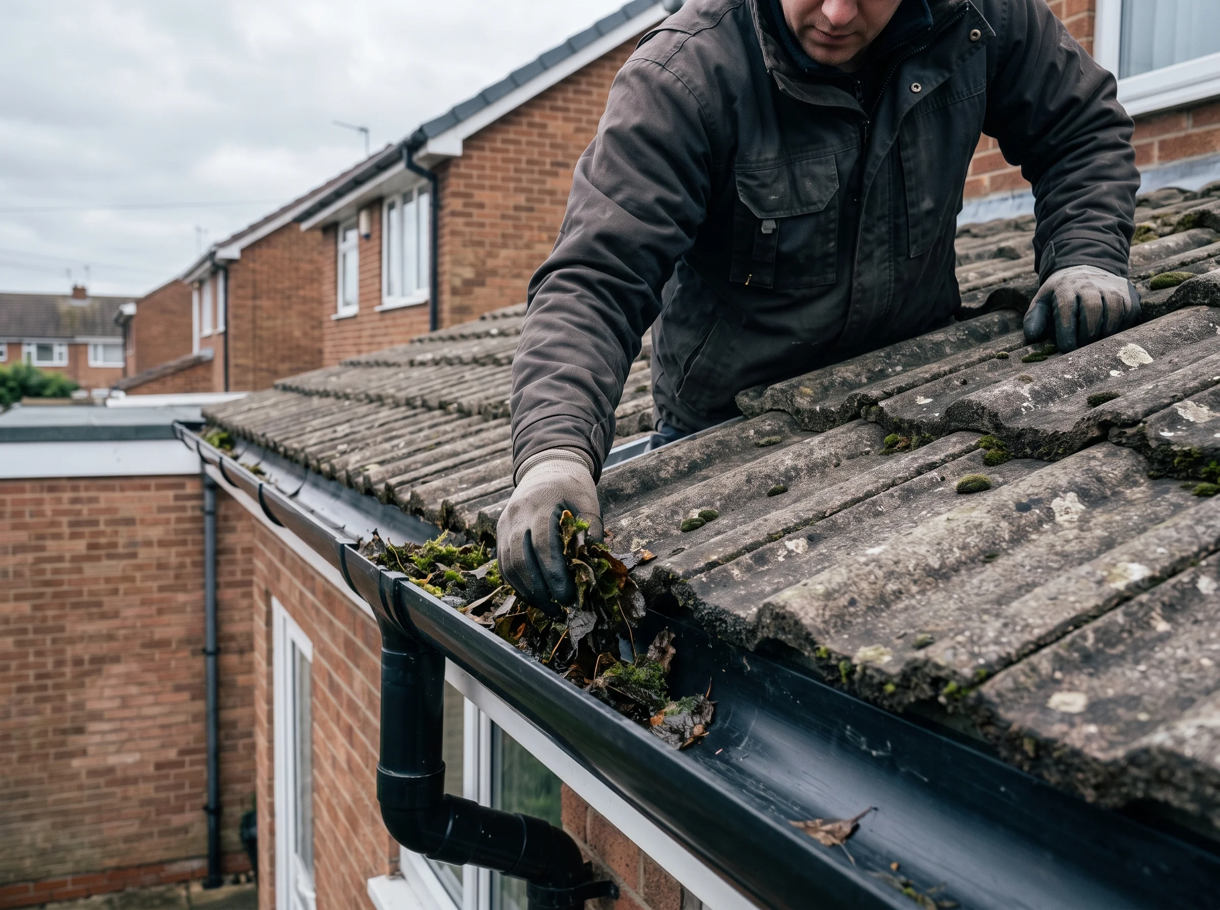 A gloved hand clearing moss and silt from a parapet gutter outlet