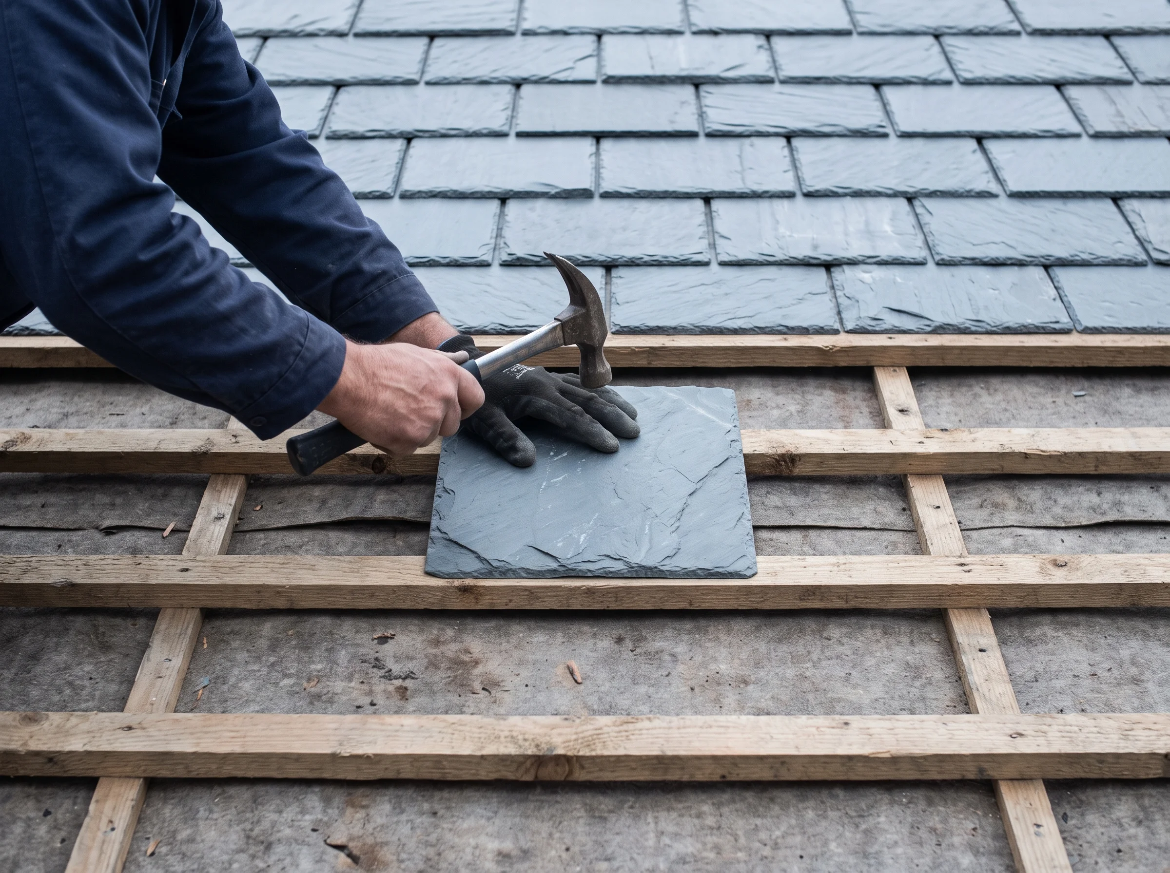 Gloved hands nailing a new natural slate onto battens mid-course