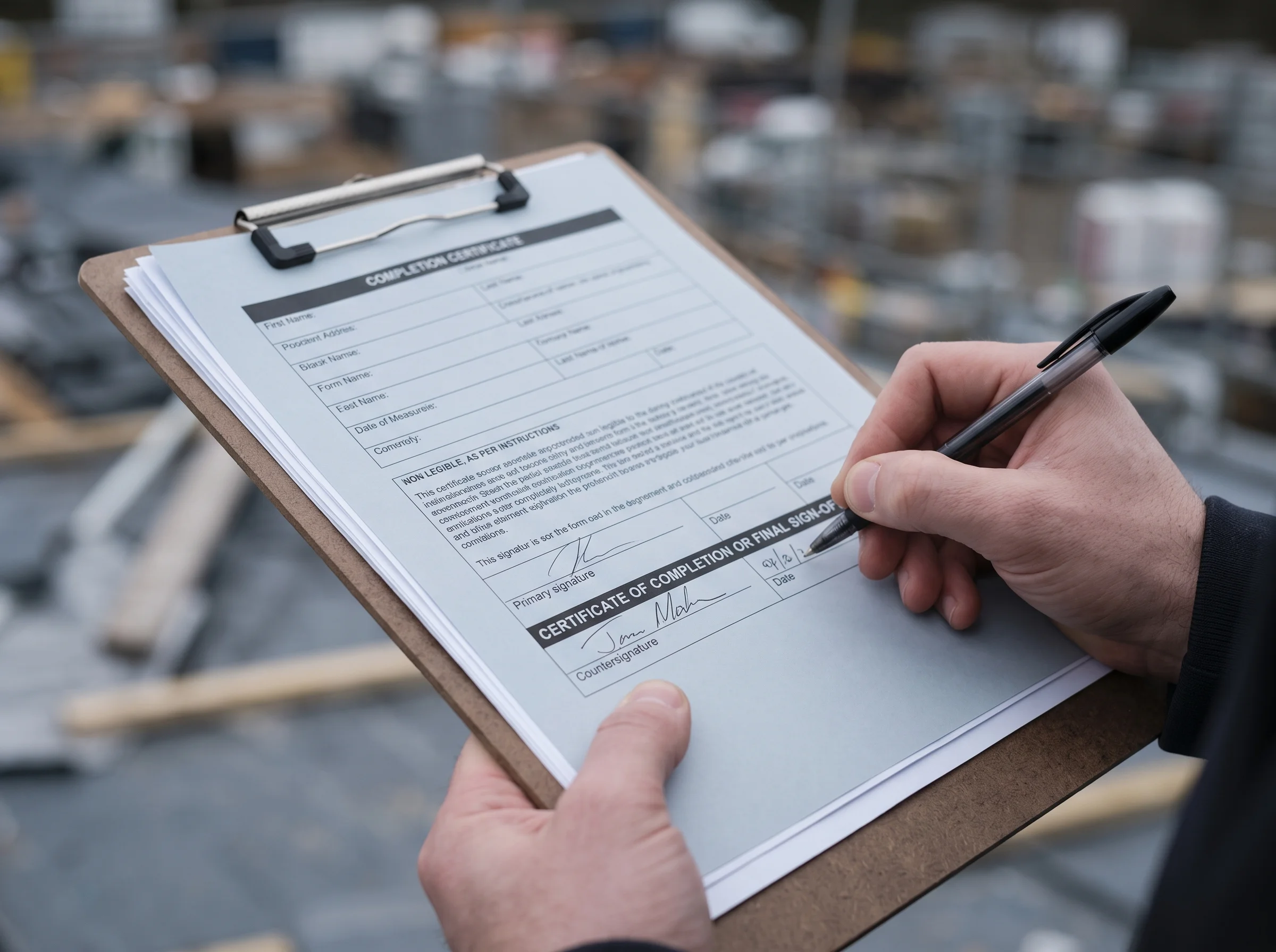 A person countersigning a completion certificate on a clipboard at an outdoor construction site.