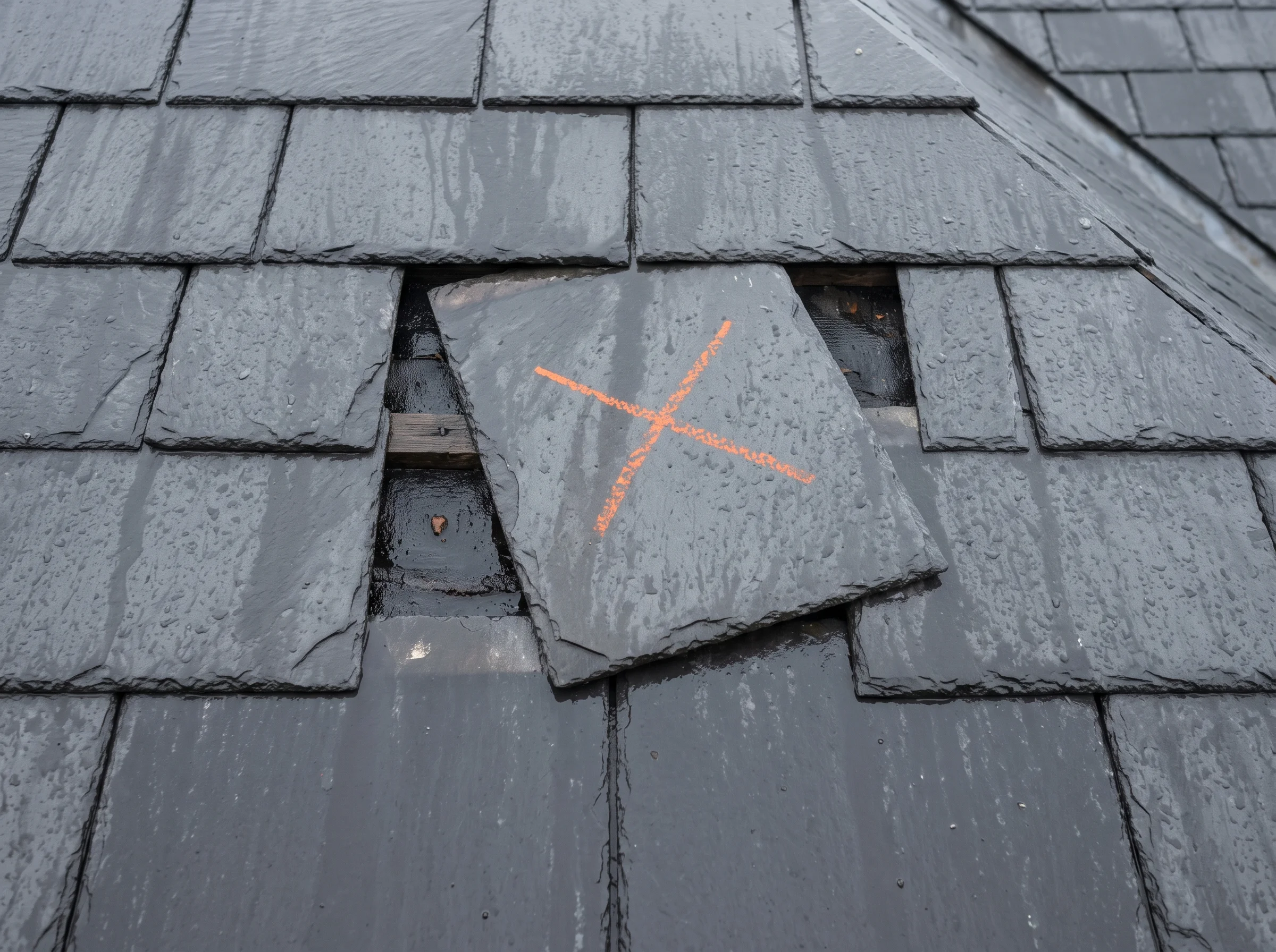 A slipped slate on a wet terrace roof marked with an orange crayon cross
