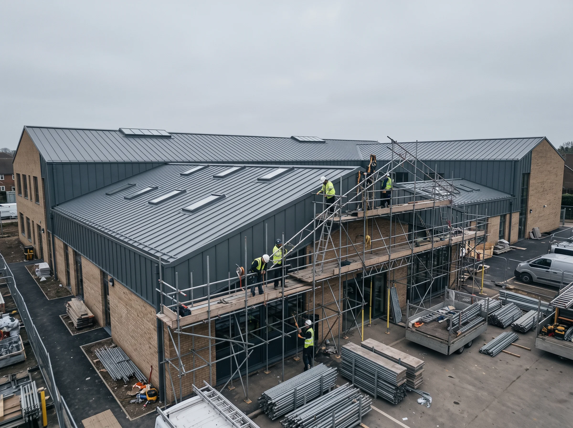 Construction workers in high-visibility vests work on scaffolding erected against the side of a building with a metal roof.