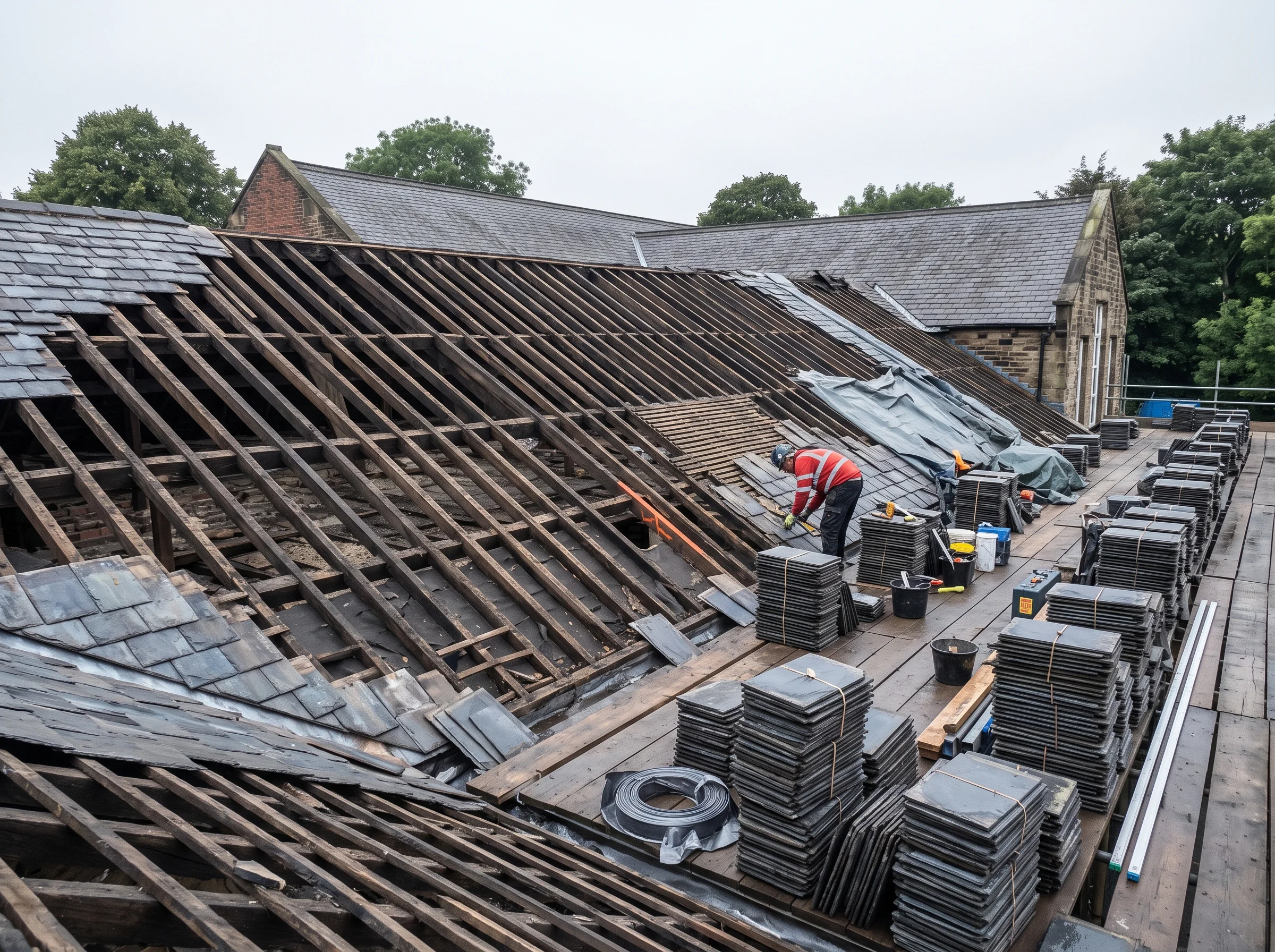 A school roof stripped to its rafters with salvaged slates stacked on scaffold boards