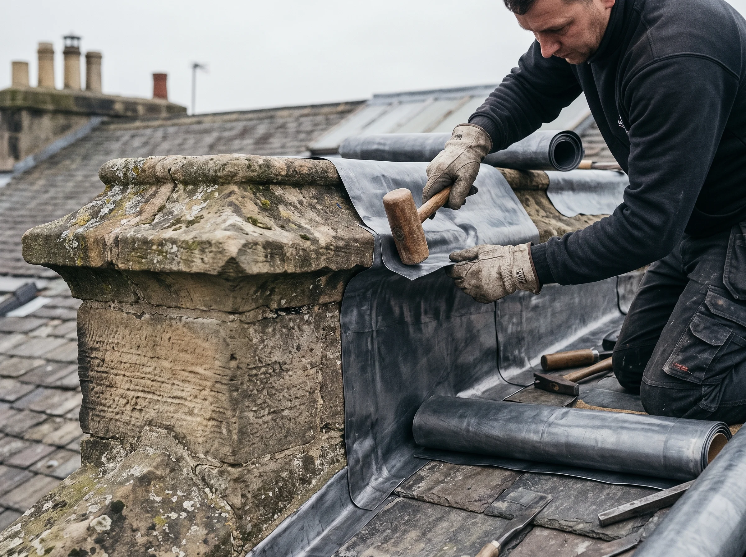 A roofer dressing lead flashing into a stone parapet junction with hardwood tools