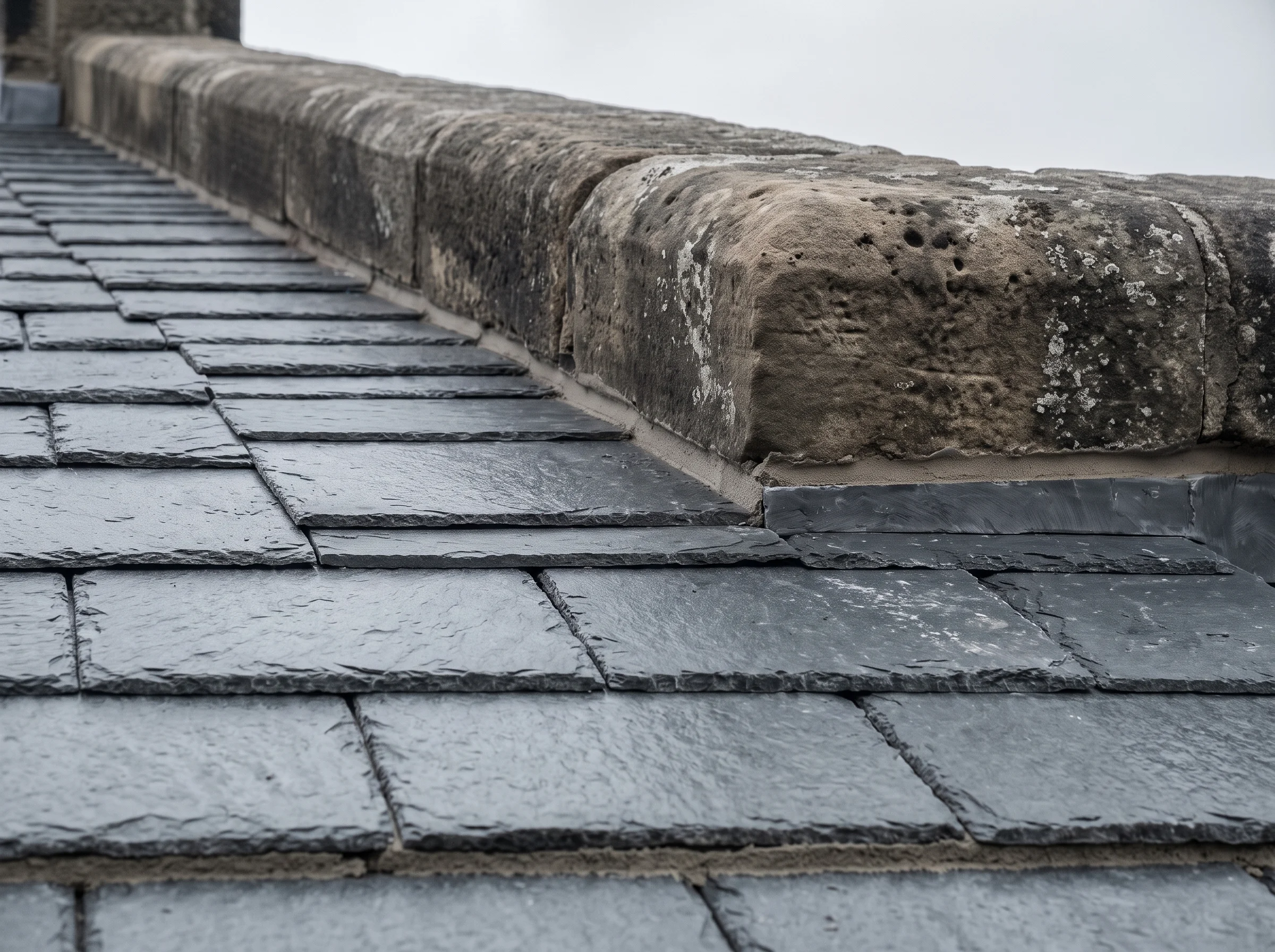 The final course of new slate meeting hundred-year-old sandstone coping