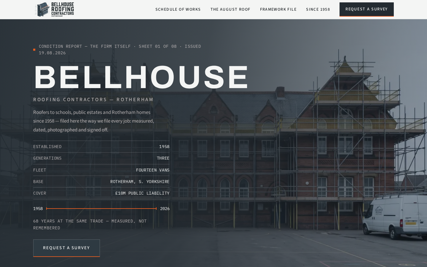 Bellhouse Roofing Contractors home page on a desktop screen