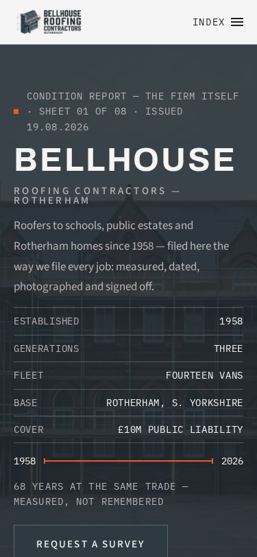 Bellhouse Roofing Contractors home page on a phone